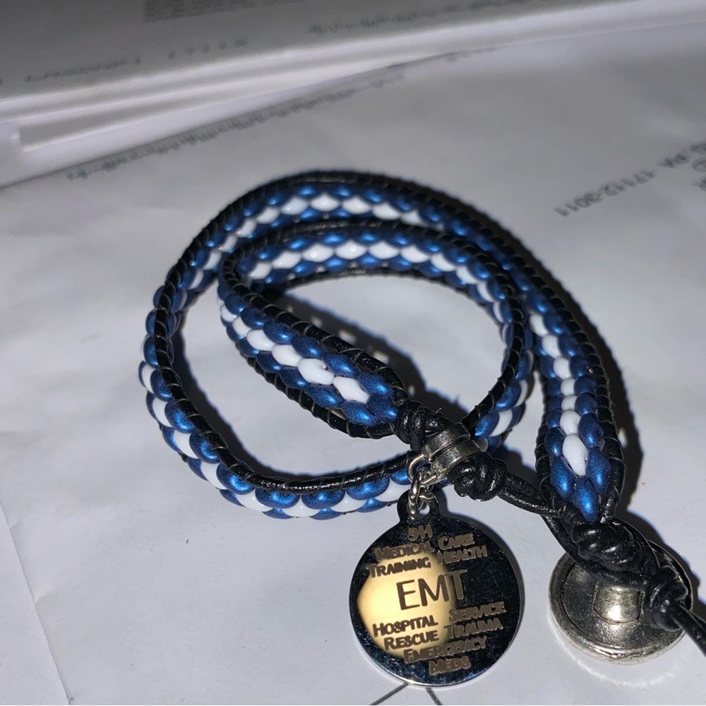Emergency Worker Leather bracelet Silver Rescue tag , Slide adjustable